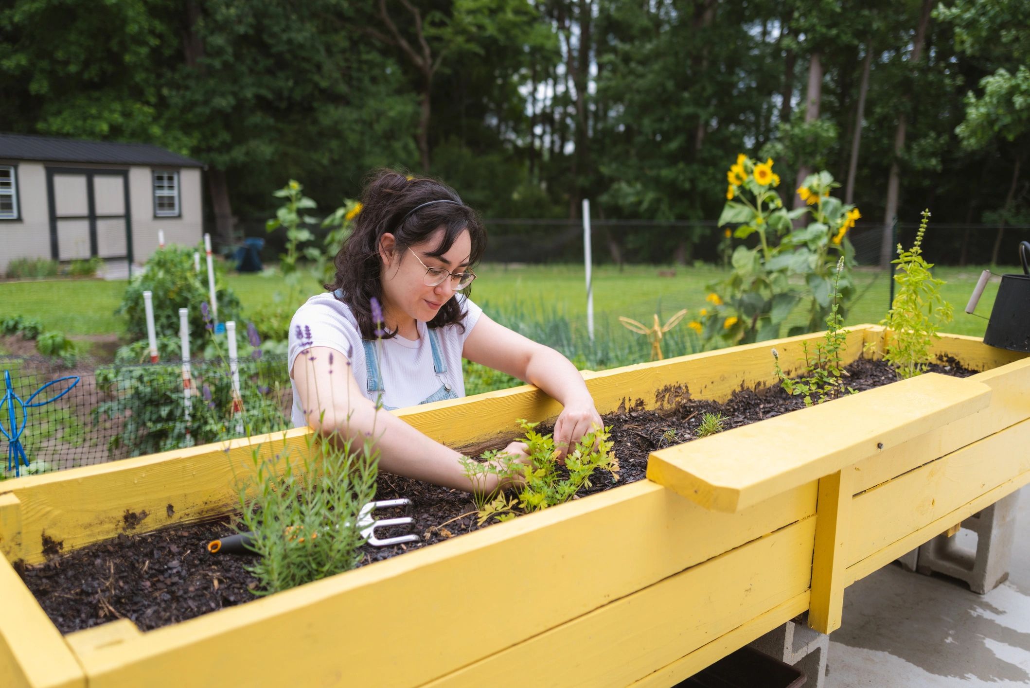 Landscaper working in a garden bed